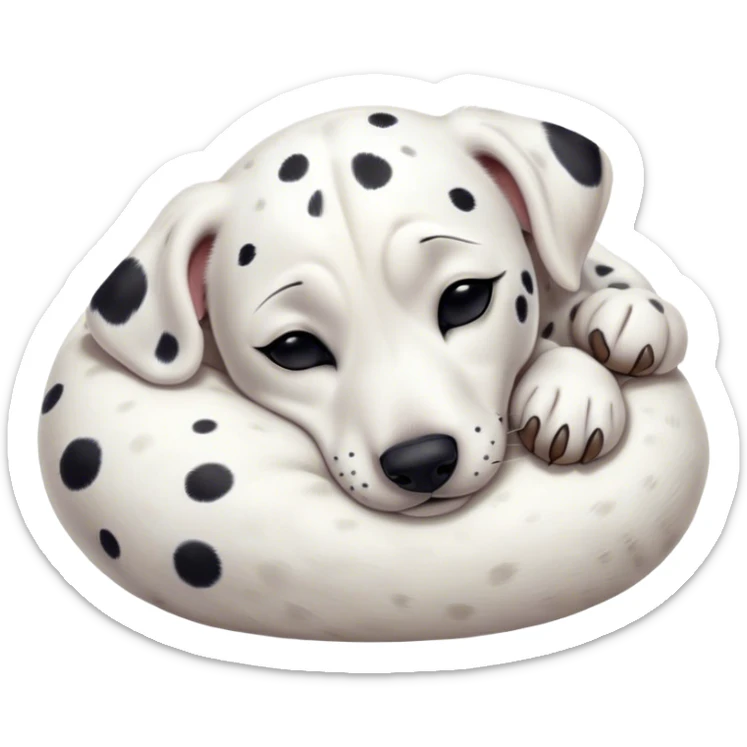 Cinematic cute Sleeping Dalmatian Portrait Emoji, cute and serene, with a round, plump build and a glossy white coat adorned with distinctive black spots, eyes gently closed in peaceful slumber, Simplified yet irresistibly endearing features, highly detailed, glowing with a gentle, dreamy glow, high shine, relaxed and content, stylized with a touch of whimsy, bright and heartwarming, soft glowing outline, capturing the essence of a blissfully sleepy companion, so comically serene it feels like it could roll out of the screen and snore with adorable charm! sticker