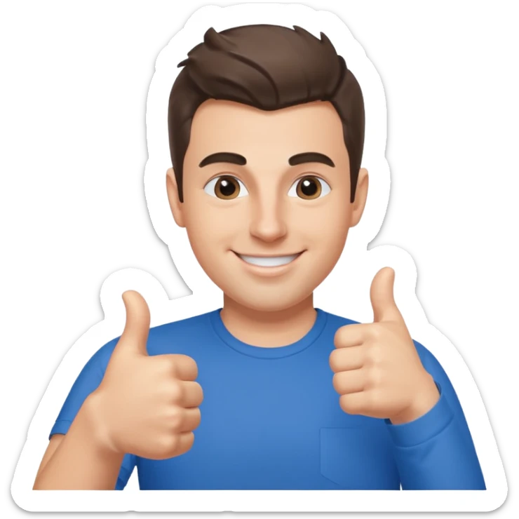 Brian Chesky as an apple-style emoji, smiling, giving a thumbs up, wearing blue shirt sticker