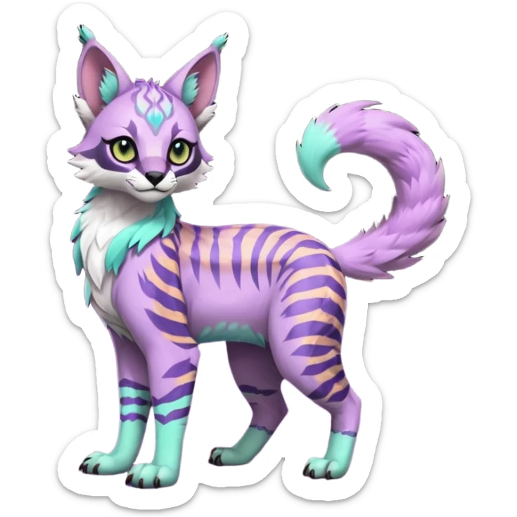 Cute kawaii cool edgy badass Colorful pale minty lilac onyx fruity glorious exotic neon vibrant zigzagged fantasy-caracal-civet-genet-sergal-vernid-Gryphon-Cacomistle-Trico-oncilla-animal-Fakémon-hybrid-fursona (full body), facial markings, (realism style) sticker