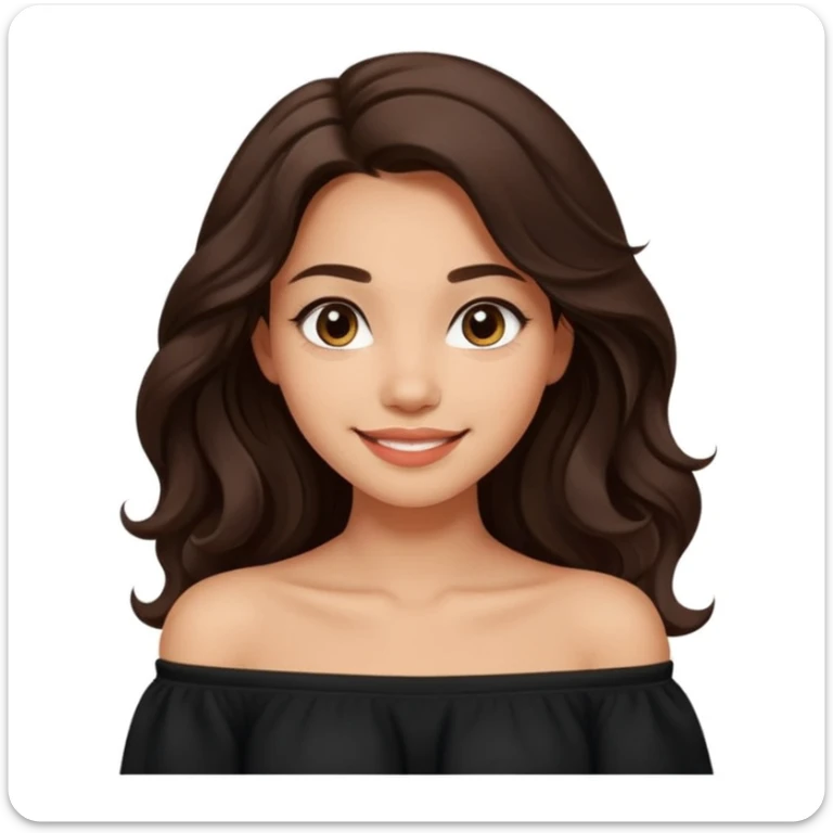 modern clean emoji of a young woman with medium skin tone, long wavy dark brown hair, wearing a black off-shoulder top, soft friendly smile, expressive eyes, warm and charming style, relaxed confident vibe, neutral light color or soft gradient background sticker