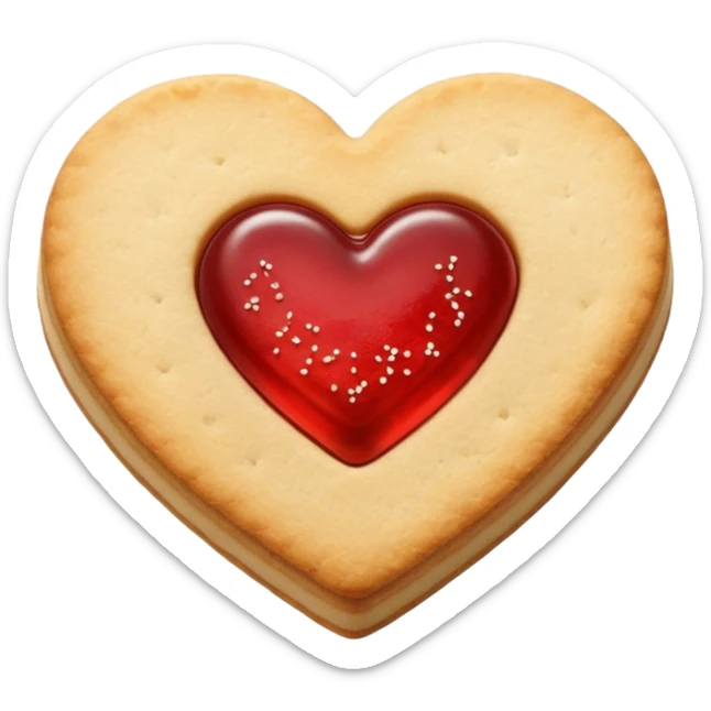 Realistic shortbread cookie in the shape of a heart with red jelly middle filling and sprinkled powder sugar on top. sticker