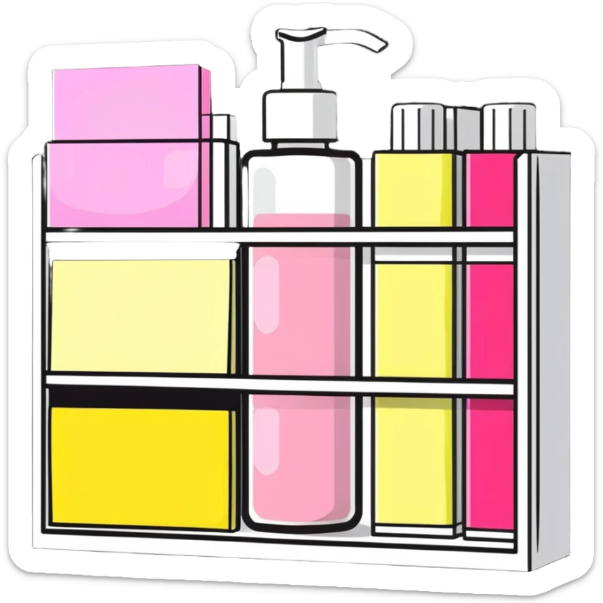 big long white shelf with one serum bottle labeled beauty brand and large sticky note next to it sticker