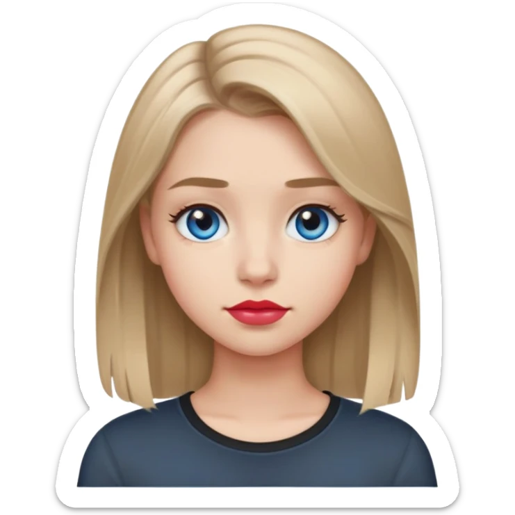 Emoji teenage girl, ash darker almost brown blonde hair, blue eyes, black shirt, hair a little longer than over shoulders, red pinkish lips, blue grey eyes sticker