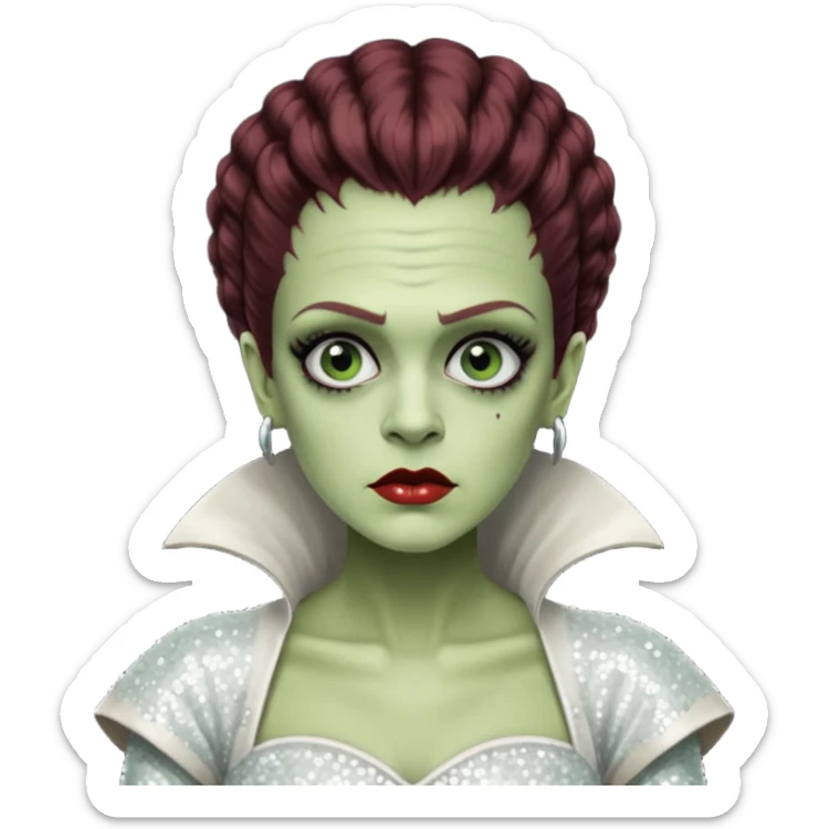 Bride of Frankenstein from Universal Monsters with pale greenish skin, dark auburn hair, white sequin outfit sticker