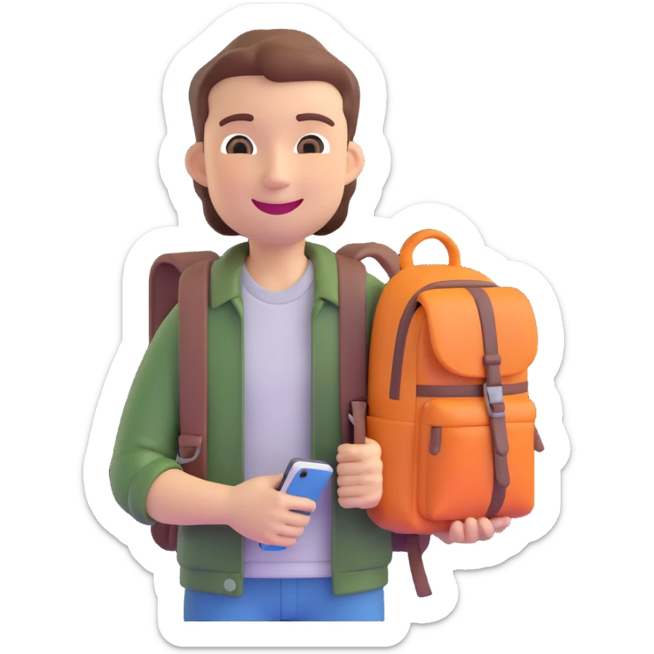 memoji of a college student, smiling, casual clothes, holding a backpack, friendly expression sticker