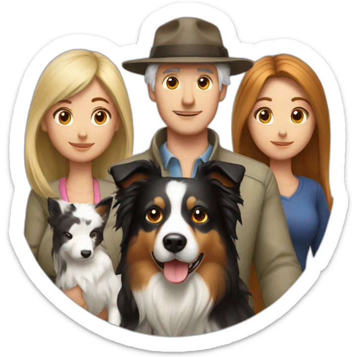 white family group consisting of man in hat and woman with long hair in ponytail and small border collie dog sticker