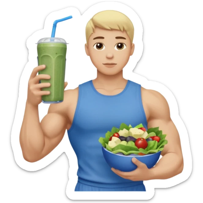 A young male person with a muscular, well-defined build. He has short blonde hair, a light skin tone, and a neutral facial expression. He wears blue cloth. He is holding a salad in one hand and a protein shake in the other. sticker