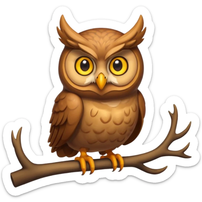 Emoji chouette perchée brun clair, yeux jaunes brillants, bec recourbé, bois de cerf imposants, sagesse et puissance. sticker