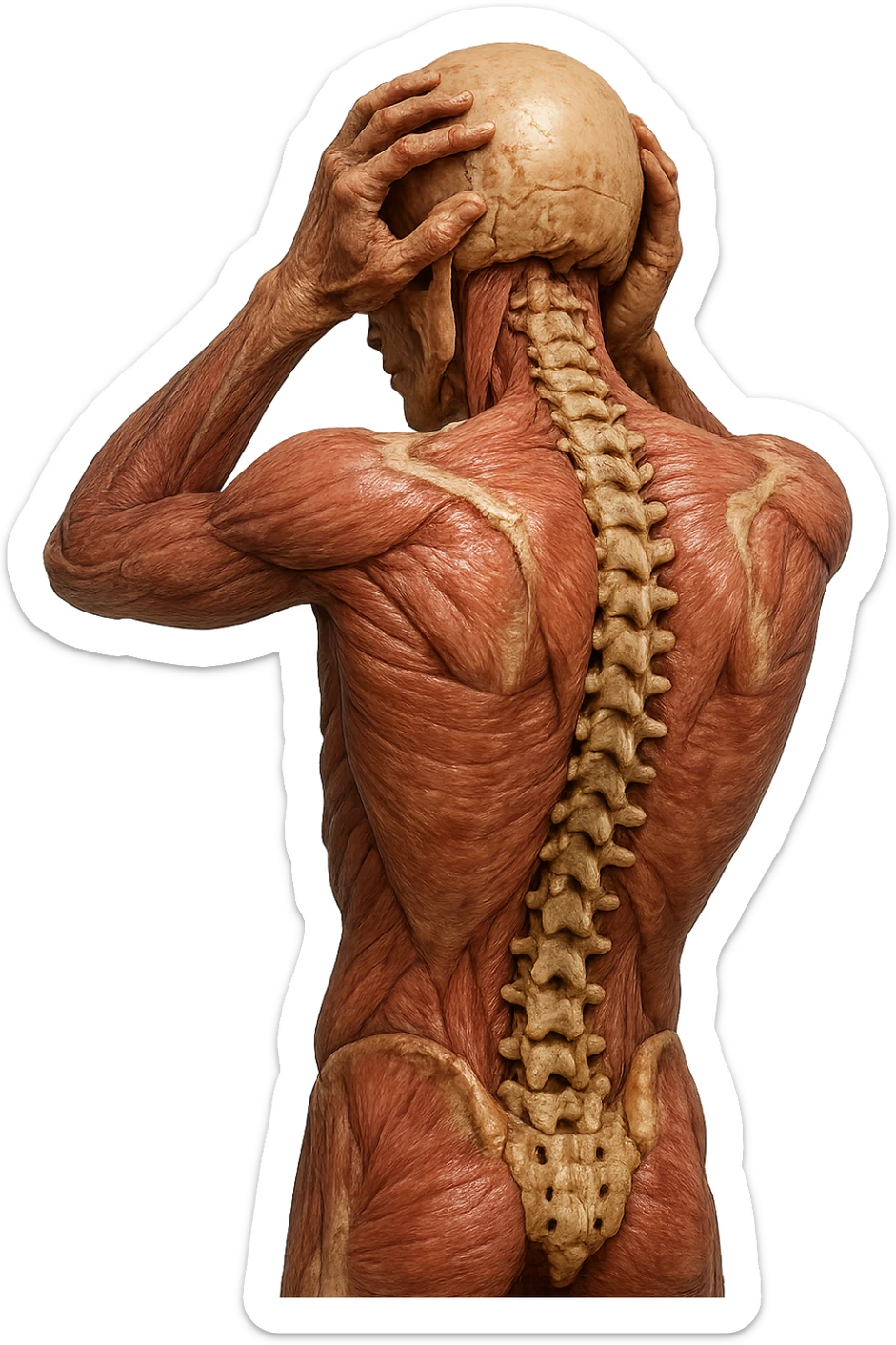 CORPO UMANO ANATOMICO con spina dorsale in evidenza, molto stanca e stressata mentre si tiene le mani sulla testa, IPERREALISTICO 4K sticker