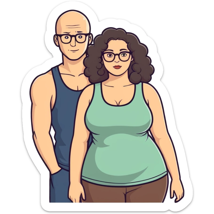 caucasian bald man with glasses and caucasian woman wearing no glasses, long curly dark hair and massive boobs and a tank top sticker