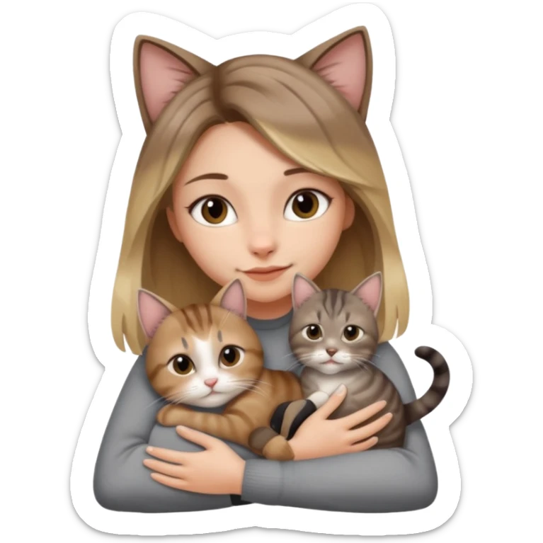 Une femme avec les cheveux dégradée, brun et blond, qui fait un câlin à son chat gris, tigré avec les extrémités que pattes pointe d’oreilles noires et le dessous du menton blanc la fille n’a pas d’oreilles, il n’y a qu’un seul chat sticker