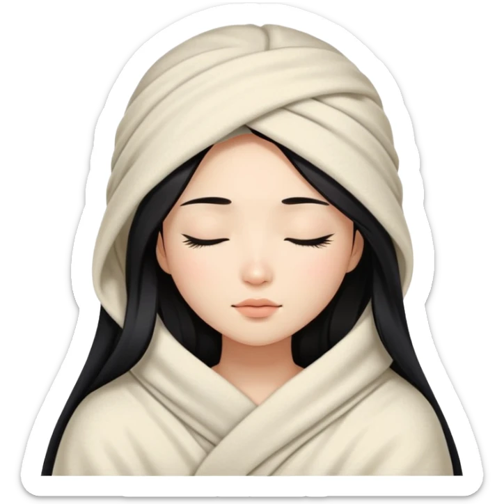Beautiful Asian girl with long black hair wrapped in a blanket and eyes closed sticker