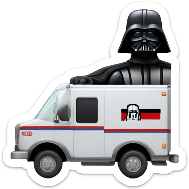 Side view of 1976 very long mail delivery truck shaped like Darth Vader’s body  sticker