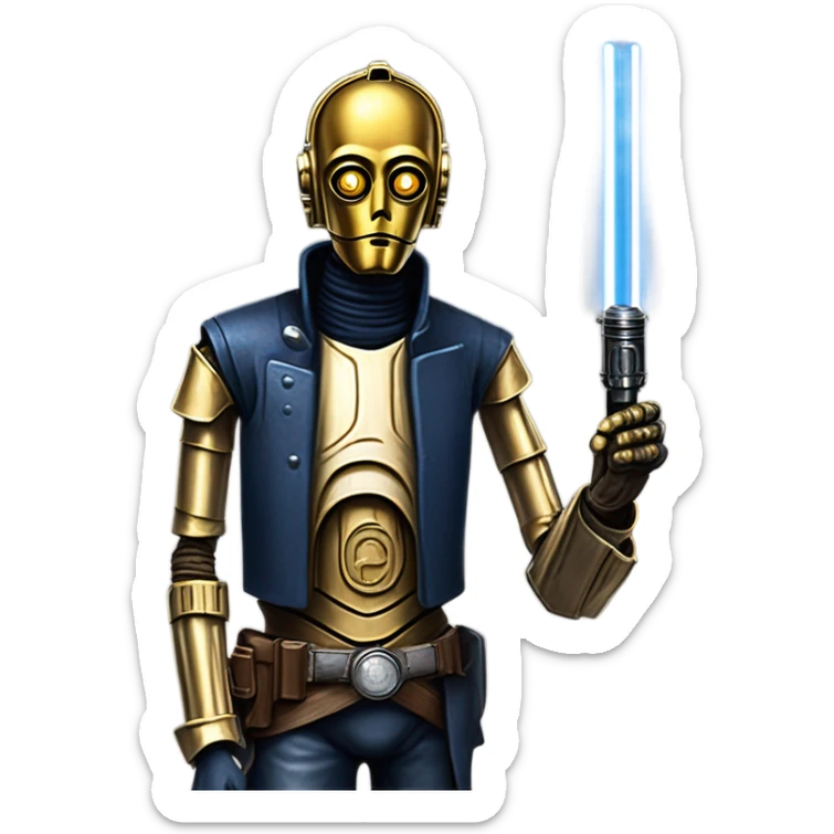 tarnished undercover tough well-equipped Jedi  life-sized darkblue-pearl C3po leather vest clothing pants and vest old west duster coat holding light saber sheriff sticker
