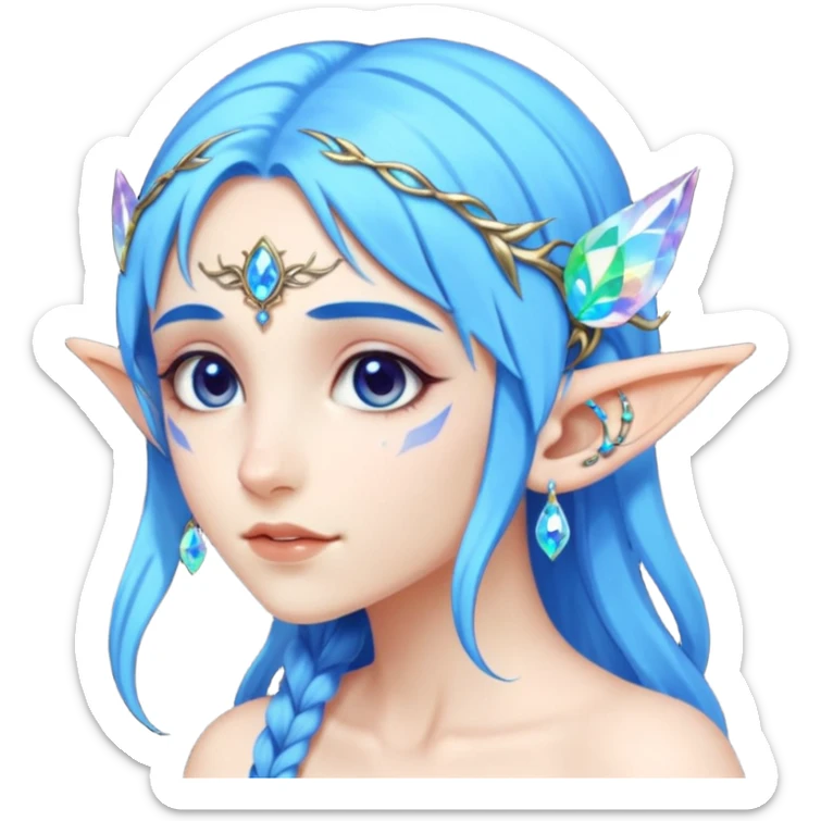 portrait of blue haired Elvish fae shiny sparkly iridescent translucent diaphanous ear climber ear cuff sticker