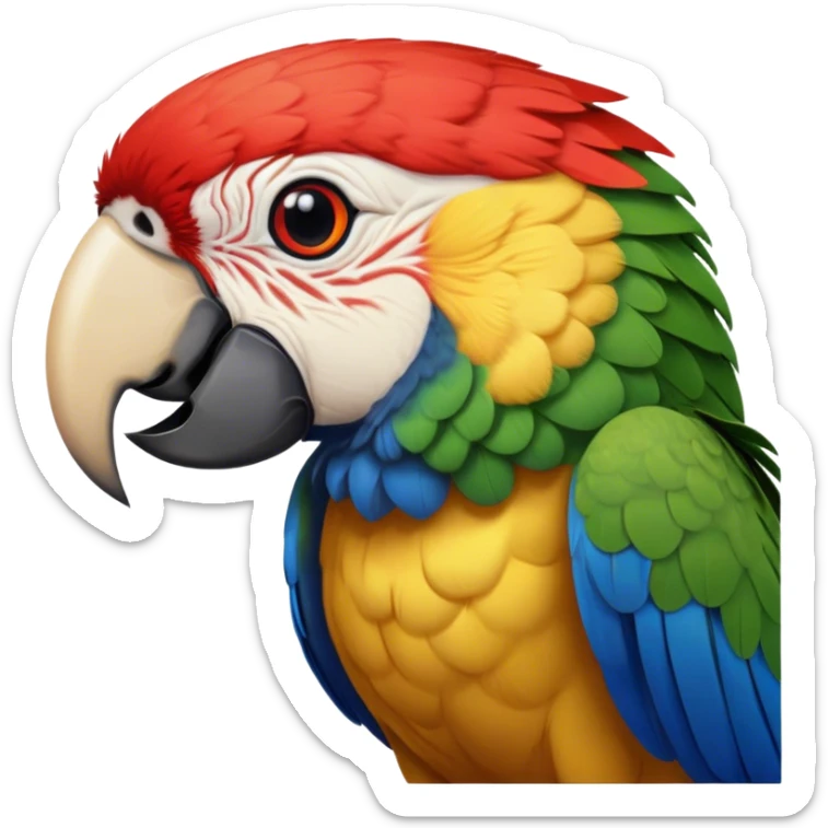 Cinematic Realistic Noble Macaw Portrait Emoji, Poised and majestic, with a robust, vibrant build and meticulously detailed plumage in scarlet, deep blue, and touches of gold, a strong, curved beak and piercing, intelligent eyes, rendered with lifelike feather texture and natural lighting, high shine, commanding and regal, styled with an air of tropical authority, focused and attentive, soft glowing outline, capturing the essence of a watchful and confident macaw that appears ready to soar out of the screen with effortless splendor! sticker