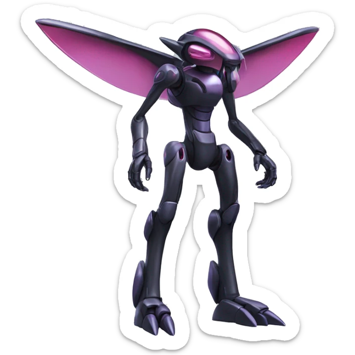 a shiny black Genesect-Flygon-Raptor-Fakémon-Medabot-hybrid with a futuristic visor-helmet full body sticker