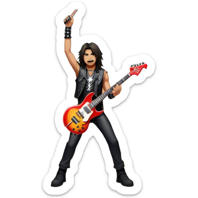 Icon for Heavy Metal: a metal band on stage, with electric guitars, drums, and a powerful vocalist. The atmosphere is intense with flashing lights, music notes, and a crowd of fans. The design should capture the energy and power of a live heavy metal performance. Transparent background. sticker