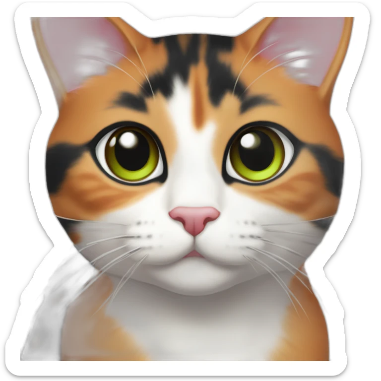 young striped calico cat face with a pink nose, white chin, green eyes, and orange/brown markings, orange tip on one ear sticker