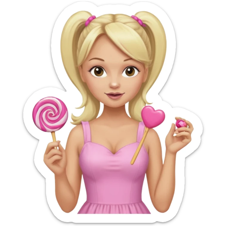 Emma Bunton with long blonde ponytails wearing light pink body dress holding a lollipop sticker