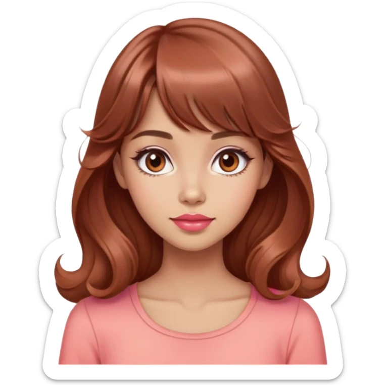 cute woman, light tan skin, big brown eyes, long waist length wavy auburn hair, bangs, pink top, coral lipstick sticker