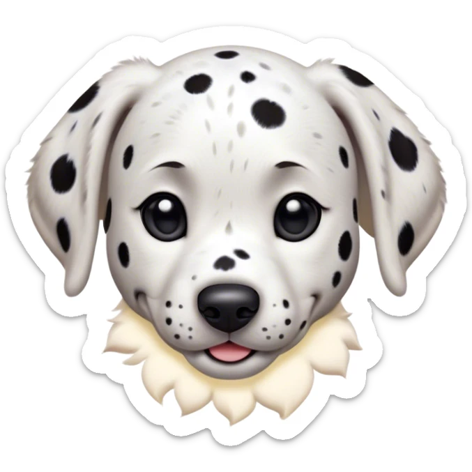 Cinematic Cute Spotted Dalmatian Portrait Emoji, Head tilted playfully and inquisitively, featuring a glossy Fur of predominantly white with dynamic black patches, round, sparkling eyes filled with gentle curiosity, Simplified yet irresistibly adorable features, highly detailed, glowing with a warm, friendly glow, high shine, affectionate and gentle, stylized with a touch of whimsy, bright and endearing, soft glowing outline, capturing the essence of a mischievous yet loving pup, so playful it feels like it could lumber out of the screen and into your arms! sticker