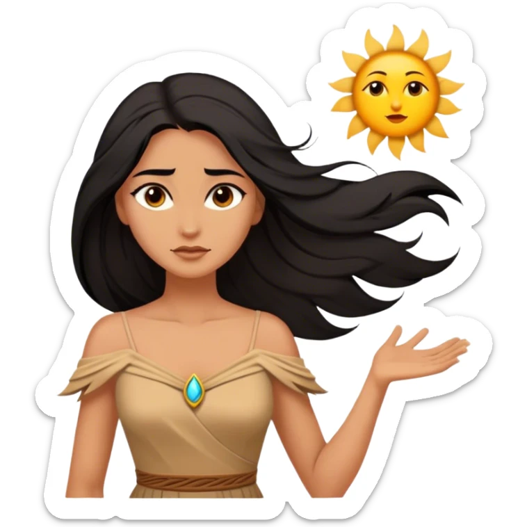 Cinematic Stunning Pocahontas Portrait Emoji, Windswept raven hair flowing behind her, deep brown eyes filled with wisdom and strength, glowing sun-kissed skin, wearing her elegant tan dress, the spirit of the wild in her expression, breathtakingly majestic! sticker
