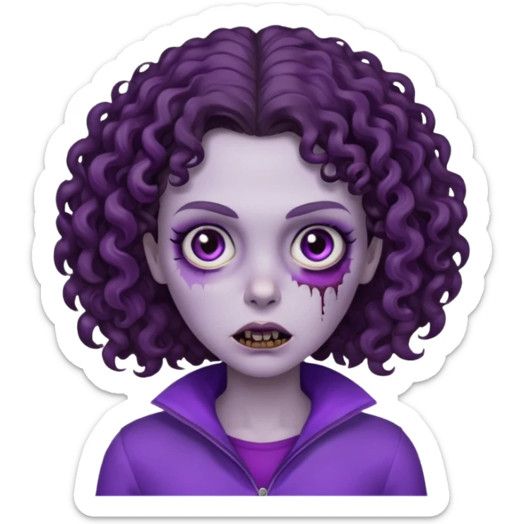 Zombie woman with curly, dark brown hair, purple outfit, and short, flat hair.  sticker