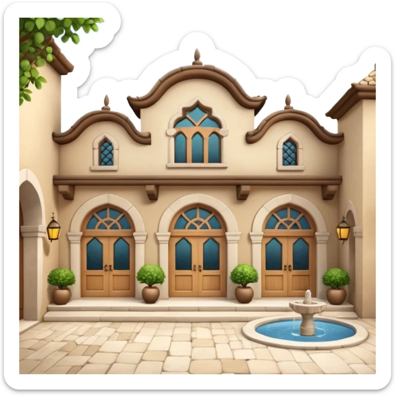 3D Apple-style emoji of a full traditional Turkish han. Rounded stone building with arched wooden doors and windows, small courtyard, fountain, arches, and hanging lanterns. Glossy, smooth, soft shadows, clean white background.






 sticker