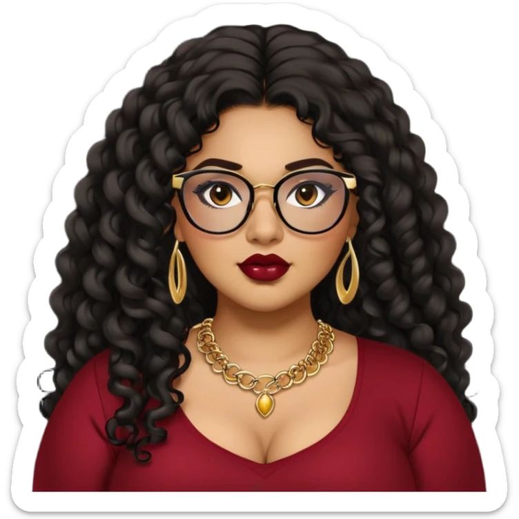 teen big plus size, latina, darker tan skin, gold jewelry, long black curly hair, baddie,pretty, makeup, dark red lipgloss, black eyeliner, long hair, black top, black glasses sticker