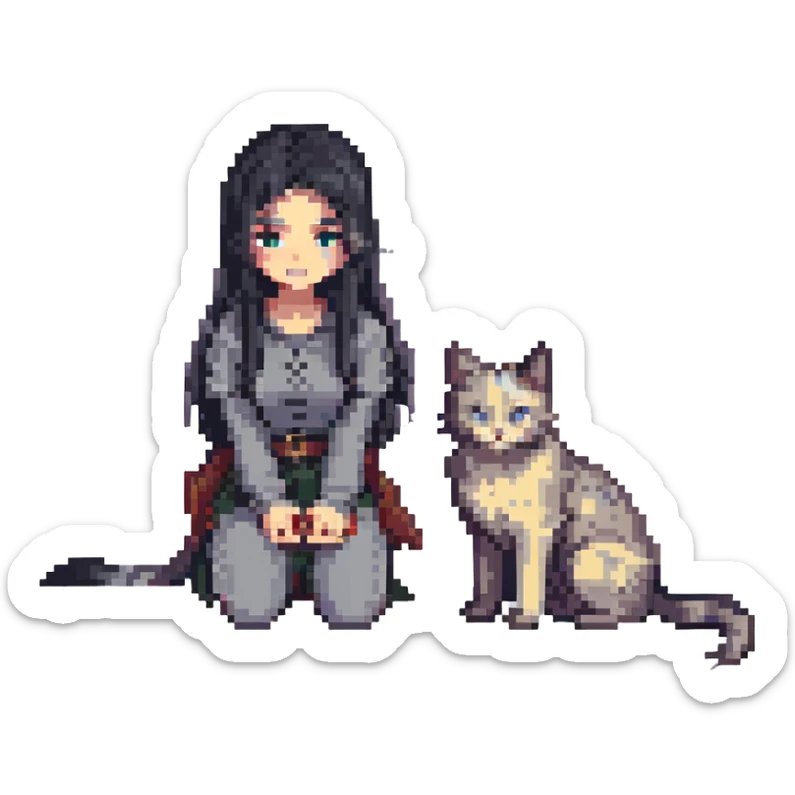 beautiful girl with long black hair kneeling beside a gray and blonde mixed cat, pixel art style sticker