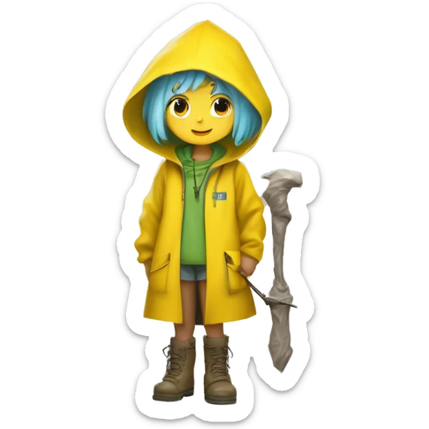 Cute little girl with light blue hair wearing a yellow raincoat hood up with white skin and short hair with cross necklace holding a staff with green muddy boots, the yellow raincoat should be covered sticker