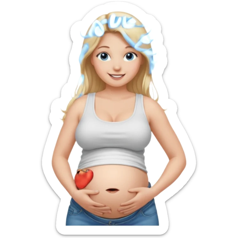 White girl, long blonde hair, white tank crop top, smiling, bare midriff, blue eyes, huge round pregnant belly, jeans, side view sticker