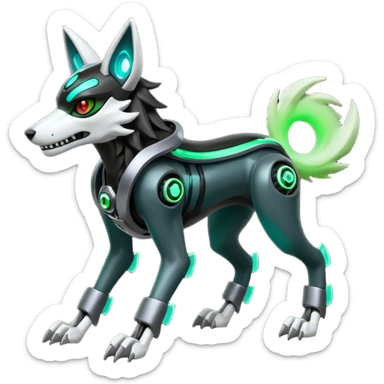 Hyper realistic skeletal black and neon green futuristic shiny colorful mechanical bioluminescent cyber-Cyborg-Poochyena-Lycanroc-Zorua-Litten-Houndoom-Fakémon-Pokémon-Digimon-hybrid-fusion (full body) with a skull face sticker