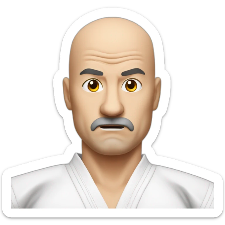 Bald 50 year old taekwondo Master with european traces looking angrily in the camera, without beard and a Black belz sticker