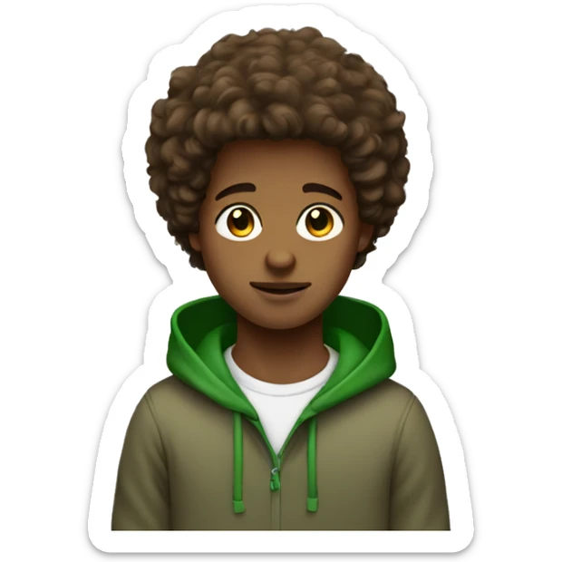 brown straight fluffy hair boy with brown eyes and green hoodie sticker