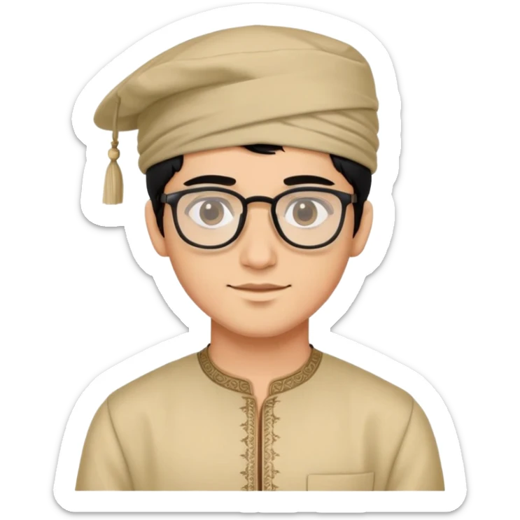 young man with wheatish skin tone, black hair, wearing kurta with rectangle glasses and traditional cap sticker