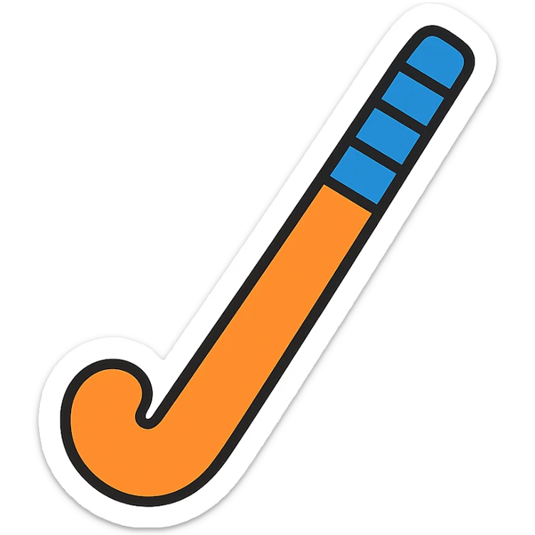 an orange field hockey stick with royal blue tape, modern icon style sticker