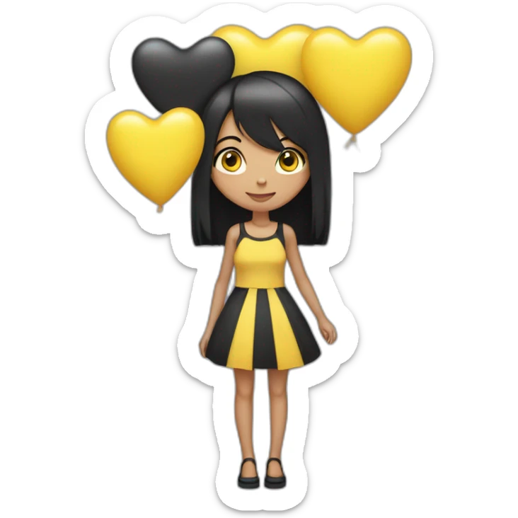 a thin girl with black straight hair, dressed in a short dress, holds in her hands balloons in the shape of black and yellow hearts sticker