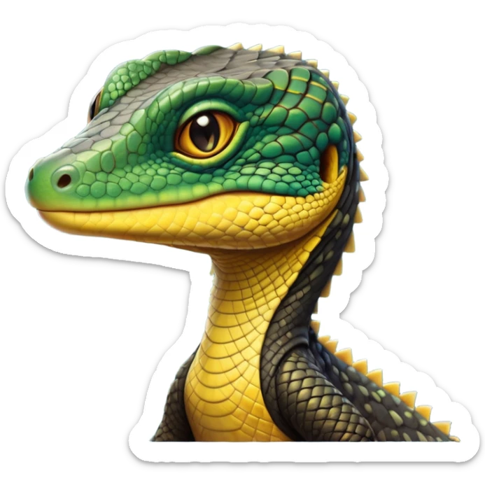 cinematic-realistic-cute-monitor-lizard-portrait-emoji,-head-tilted-playfully-and-inquisitively,-featuring-a-compact,-agile-body-with-finely-detailed,-glossy-scales-in-earthy-black and yellow-hues-and-a-distinct,-alert-face-with-bright,-curious-eyes, black , yellow spotted and green band  scales and a slender neck sticker