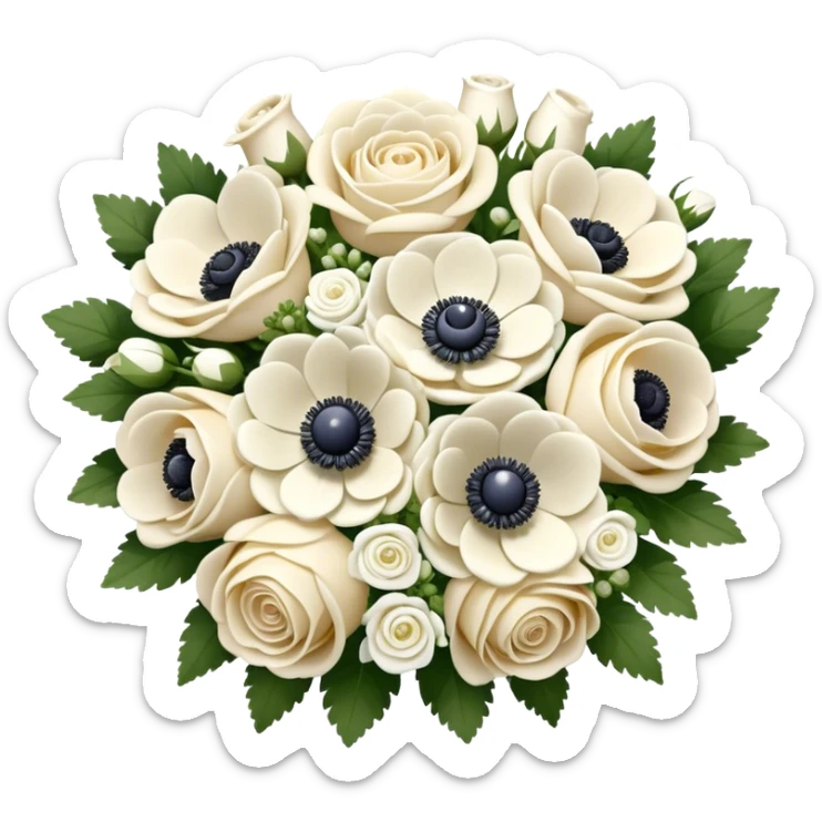 Cream and white bridal bouquet with white roses and anemone flowers, realistic, iOS 16 emoji style  sticker
