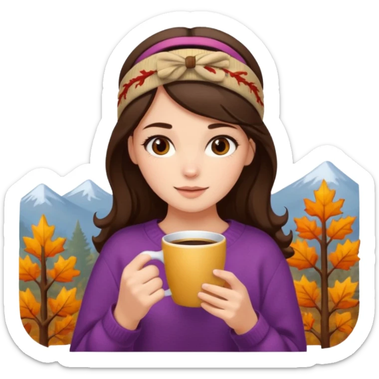 A brunette girl in a comfy Autumn sweater, a headband and a coffee in her hands sticker