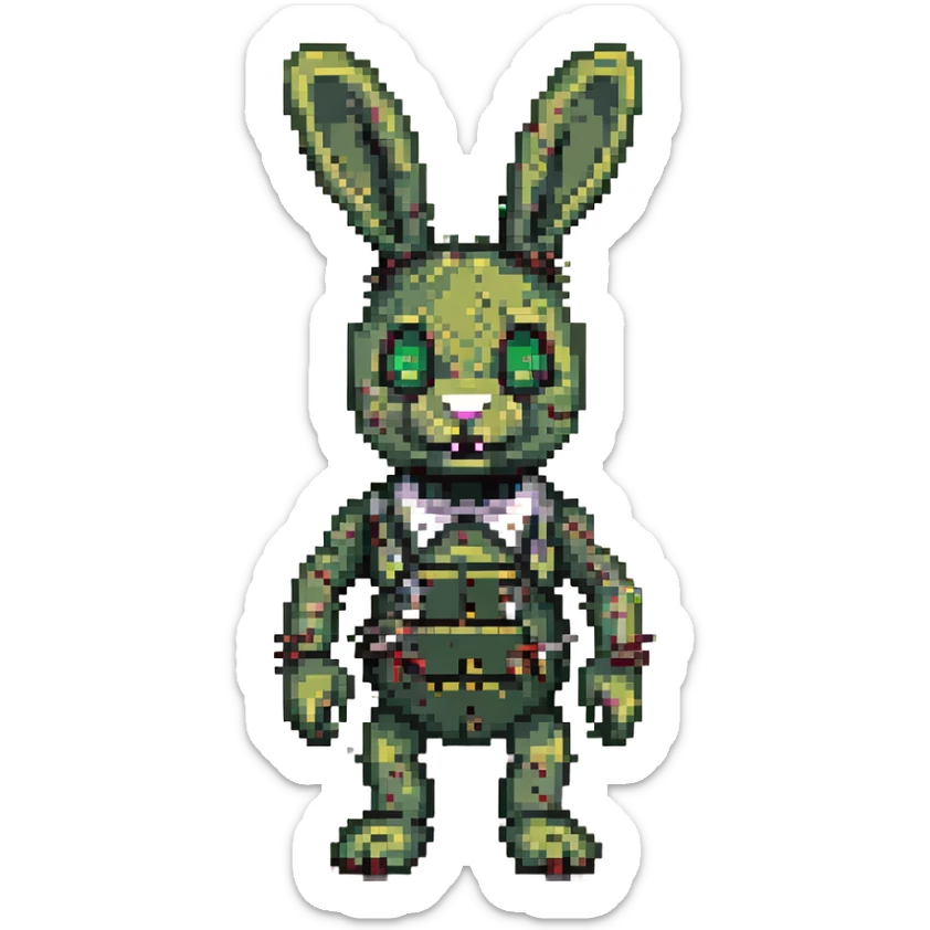 detailed green and worn animatronic rabbit with exposed wires and creepy expression, Springtrap character, pixel art style sticker
