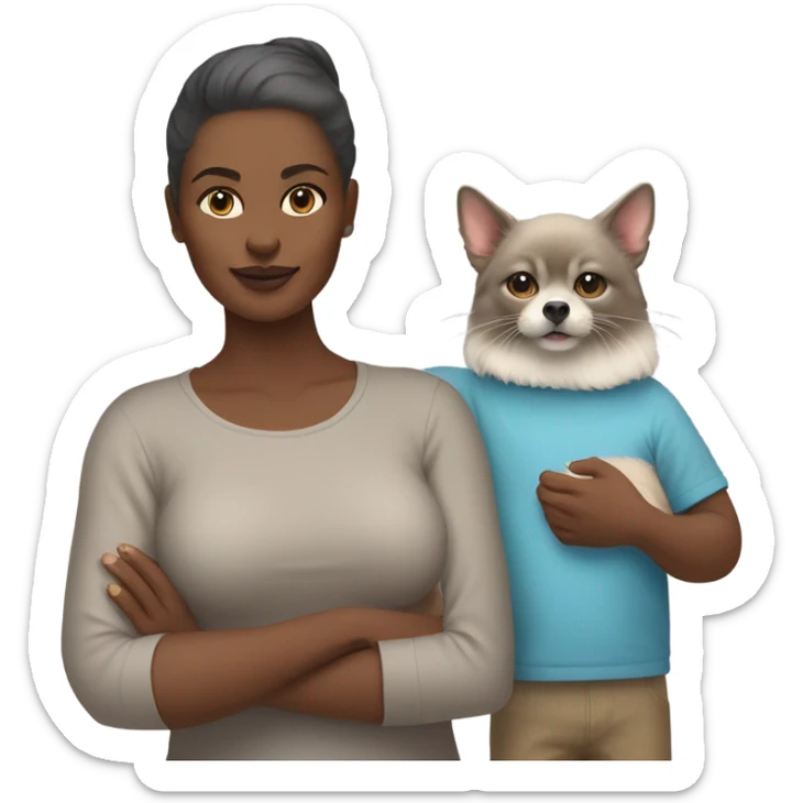 Woman in the right arm holding a sphinx grey cat and in the left arm holding a Pomeranian dog sticker