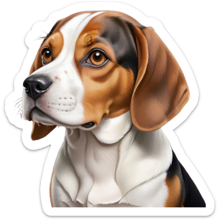 Cinematic Noble Tri-Color Beagle Portrait Emoji, Poised and regal, with a compact, sturdy build and a well-groomed coat of white, brown, and black, deep-set soulful hazel eyes, Simplified yet sharp and sophisticated features, highly detailed, glowing with a soft, dignified glow, high shine, intelligent and loyal, stylized with an air of strength, focused and attentive, soft glowing outline, capturing the essence of a watchful and confident companion, so majestic it feels as though it could step out of the screen with effortless authority! sticker