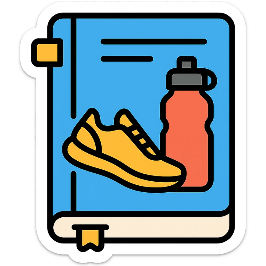 blue fitness journal with water bottle and running shoe on cover, minimalist design sticker