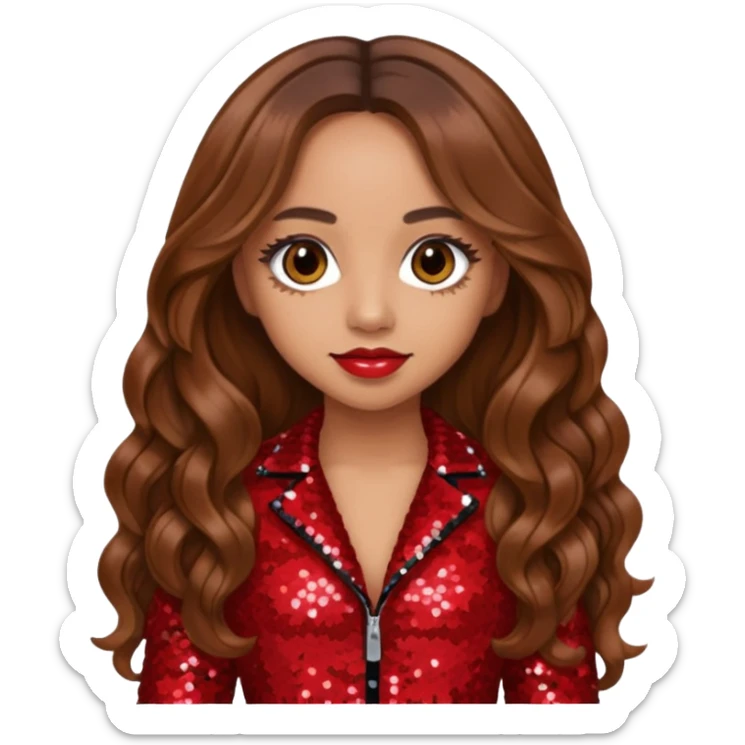 Jade Thirlwall from Little Mix with long brown hair, red sequin outfit sticker