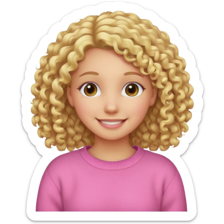 girl with curly blonde hair, smiling, wearing a pink sweater sticker