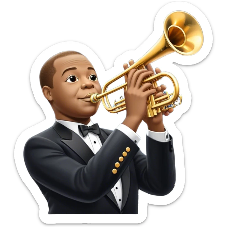 Icon for Jazz Music: Louis Armstrong with his trumpet in front of a jazz orchestra. Include musical instruments like a saxophone, trumpet, and piano, with floating musical notes around. The design should capture the smooth and soulful vibe of jazz. Transparent background. sticker