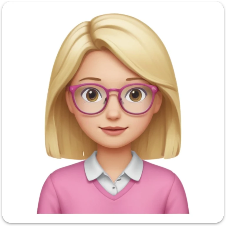 blonde girl with shoulder-length hair, wearing glasses, rosy cheeks, pink clothes, friendly appearance sticker